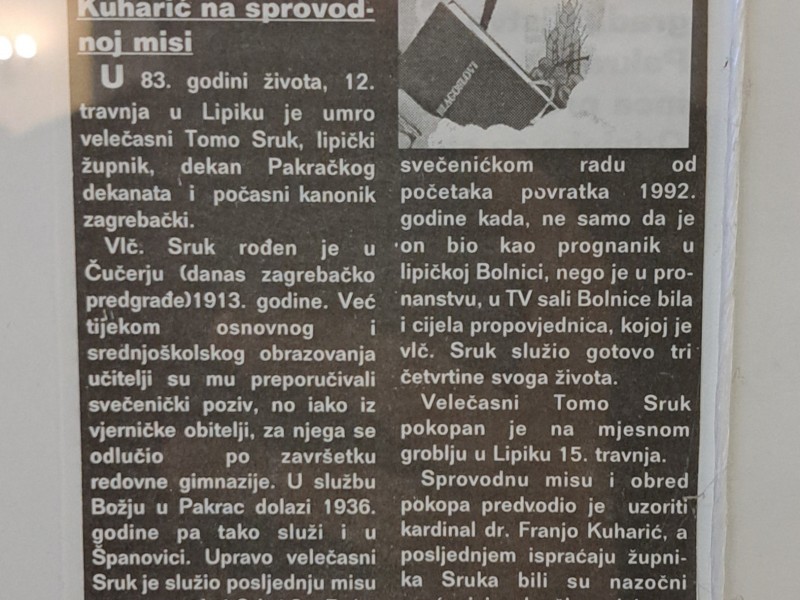 Novinarski članak Duška Kličeka povodom smrti preč. Tome Sruka.